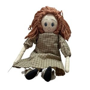 Vintage Handmade Rag Doll Yarn Hair Plaid Dress Folk Art‎ Collectible Toy